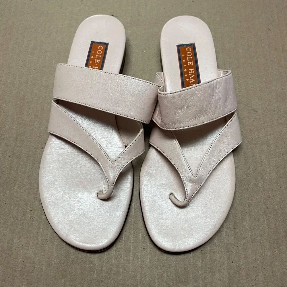 Vintage 90s Cole Haan Sz 9B Resort Blush Leather Asymmetric Thong Slide Sandals